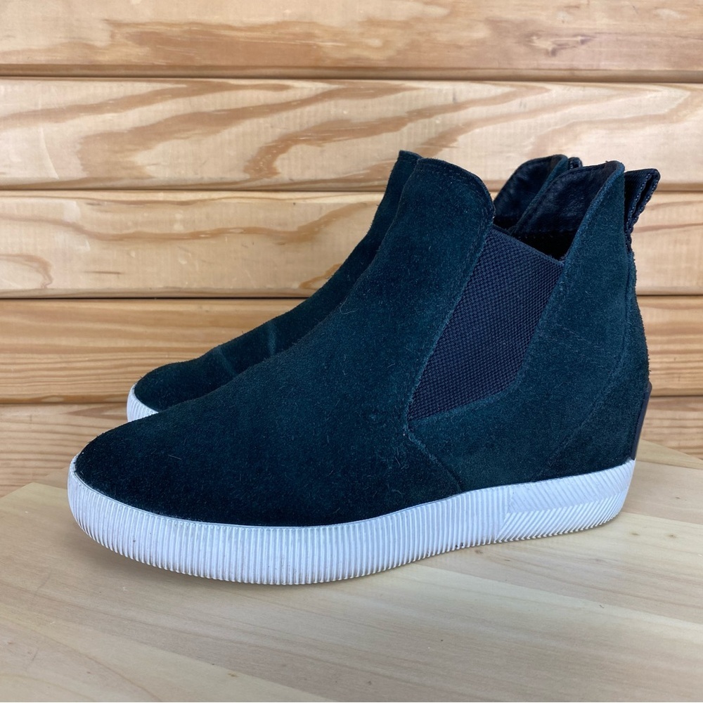 Sorel Suede Fabric Slip On Boots Wedge Heel Booties Womens 5.5 Black Gorp Grunge
